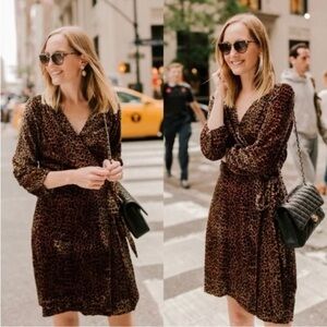 J. Crew Animal Leopard Print Velvet Wrap Mini Dress Size 6 Long Sleeve